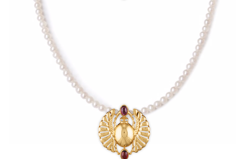Cleopatra Open-Winged Scarab Pearl Enhancer Pendant Necklace- 18K Gold