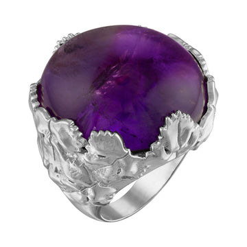 Amethyst Gemstone Cocktail Ring with Leaf Design - Sterling Silver