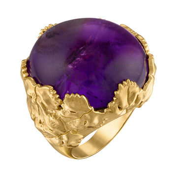 Amethyst Gemstone Cocktail Ring with Leaf Design - 18K Yellow Gold Vermeil